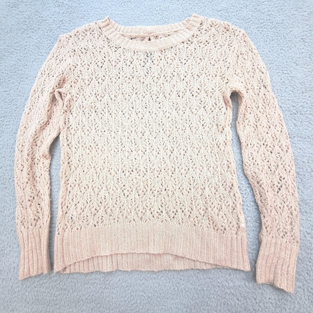 LC Lauren Conrad Sweater‎ Womens XS Pink Pointelle Open Knit Bow Back Pullover